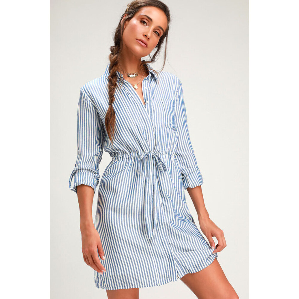 Lulus Blue And White Striped Long Sleeve Shirt Dress